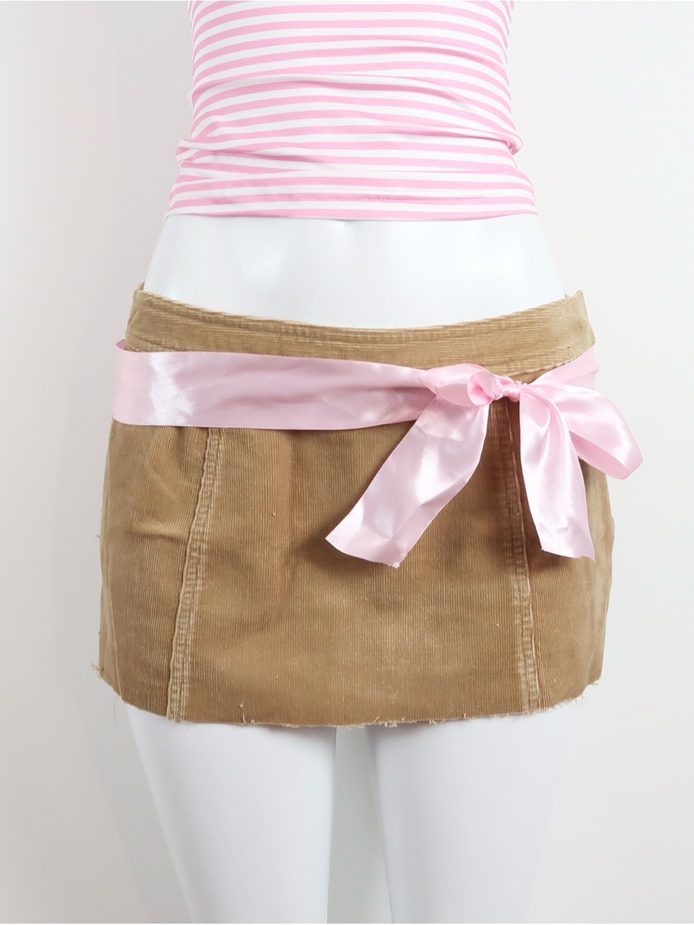 2000s Liz Claiborne Tan Corduroy Mini Skirt with Pink Satin Bow